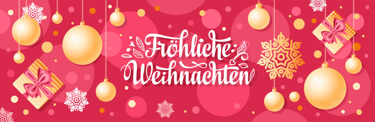 German text Frohe Weihnachten. Horizontal header Christmas Top view Flat lay banner poster.Christmas typography.Happy Christmas in Deutschland.Xmas greeting card Weihnachtskarte.German Xmas 