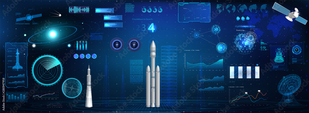 Poster space launch rockets dashboard. hud space elements set (radars, 3d rockets, spaceships, antenna, sat