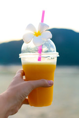 fresh mango juice in plastic cup with frangipani flower. Tropic refreshments