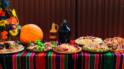 Wedding table with food. Snacks, appetizer and drink on the tabl