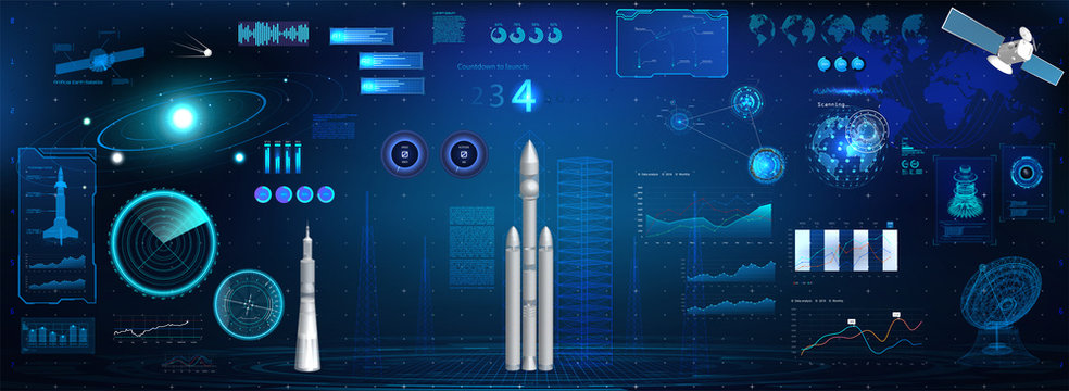 Space Launch rockets dashboard. HUD space elements set (Radars, 3D rockets, Spaceships, Antenna, Satellite and Hologram Solar System) Head Up Display Cockpit dashboard. Sky-fi HUD elements. Vector