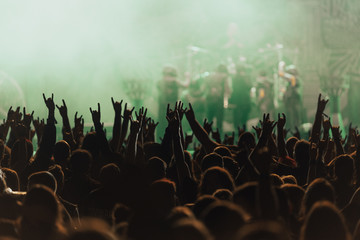 Fototapeta na wymiar Crowd raising hand in the air and enjoying concert on a festival 