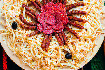 close-up of plate with cheese, sausages and salami. aperitif buf