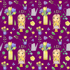 seamless pattern with cute watercolor illustration of girl and stylized flowers.