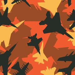 Seamless black and orange military jet fighters aircraft silhouettes camouflage pattern vector