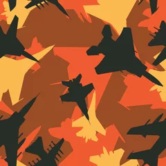 Fotobehang Militair patroon Naadloze zwart en oranje militaire straaljagers vliegtuigen silhouetten camouflage patroon vector
