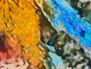 Detailed close-up grunge clouds abstract background. Dry brush strokes hand drawn oil painting on canvas texture. Creative simple pattern for graphic work, web design or wallpaper. Chaotic splashes.