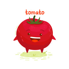 Happy cute smiling tomato. Vector flat cartoon character illustration icon.Isolated on white background. Cute tomato vegetable character concept