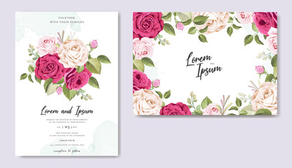Fototapeta na wymiar wedding invitation card with floral and leaves background template 