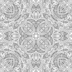 Monochrome Seamless Pattern with Floral Ethnic Motifs