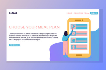 Healthy eating landing page.  Woman choosing meal plan on giant phone, apple, fish and broccoli, water. Choose your meal plan. Flat vector illustration.