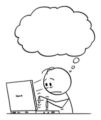 Vector cartoon stick figure drawing conceptual illustration of tired or frustrated man or businessman typing on computer. Empty speech balloon for your text.