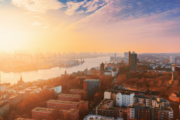 Hamburg, Germany. Aerial view of harbor district - obrazy, fototapety, plakaty