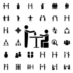 Transfer documents to the seated person icon. Universal set of conversation for website design and development, app development
