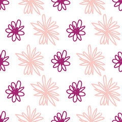 Wild, cute, girly, spring or summer pink flowers seamless pattern with white background. Hand drawn floral botanical elements for fashion, textile, wrapping paper and wallpapers.
