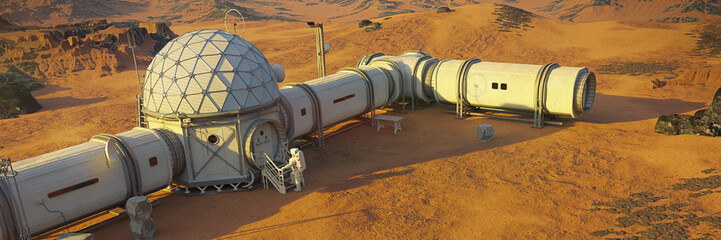 Mars base with astronaut, habitat in martian landscape © dottedyeti