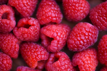 Fresh raspberry texture - Close up red raspberries fruit background top view