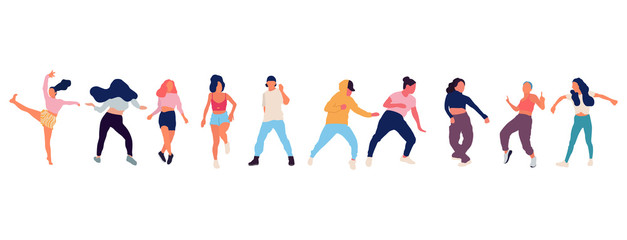 Crowd of young people dancing at club. Big set of characters having fun at party. Flat colorful vector illustration.