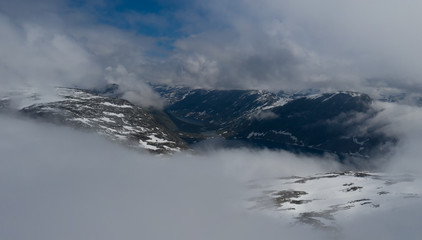 Aerial(drone) view on mountain Dalsnibba. Landscape in Geiranger, Norway in july 2019