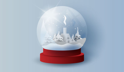 Glass ball snow stand with mountain landscape home.Happy new year and Merry Christmas day.Creative design paper art and craft style.Gift decoration for holiday and winter season.vector illustration.