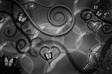 A surreal and abstract illustrative nature artwork of flying butterflies, creeping vines, twinkling hearts, floating bubbles, flowers & leaves in a fantasy world of monochromatic black and white.
