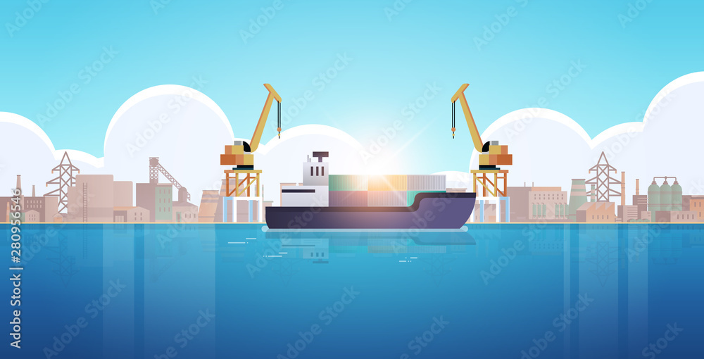 Canvas Prints cranes in port loading containers on ship cargo industrial seaport sea transportation logistic marit