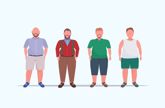 fat overweight men group standing together unhealthy lifestyle concept obese guys in casual clothes over size male cartoon characters full length flat horizontal