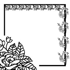 Black line art on white background, design plants leaf flower frame. Vector