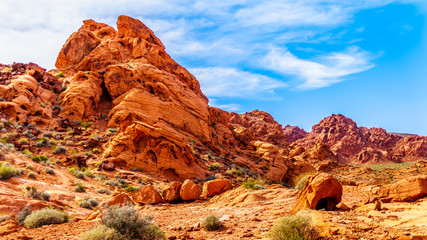 The bright red Aztec sandstone rock formations in the Valley of Fire State Park in Nevada, USA