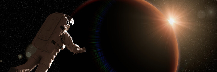 astronaut watching the sunrise during a space walk in orbit of planet Mars © dottedyeti