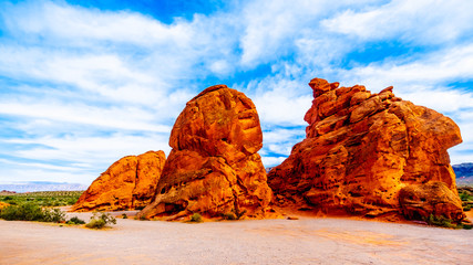 The Seven Sisters, a bright red Aztec sandstone rock formation in the Valley of Fire State Park in Nevada, USA