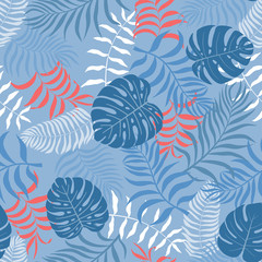 Tropical background with palm leaves. Seamless floral pattern. Summer vector illustration. Flat jungle print