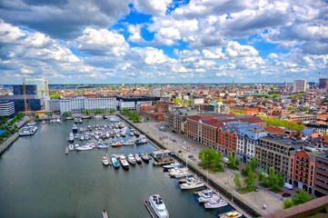 An aerial view of the port and docks in Antwerp (Antwerpen), Belgium.