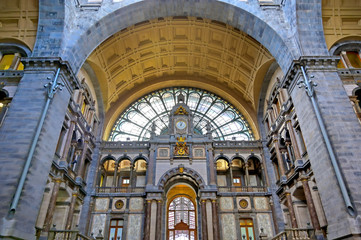 The interior of the Antwerp (Antwerpen), Belgium railway station.