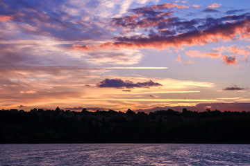 Naklejka premium Colorful sunrise over the sea with silhouette of tree on horizon. Beautiful landscape with water. 