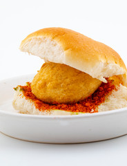 Indian Famous Street Food Vada Pav Also Know as Vada Paav, Wada Pav or Wada Pao is a Vegetarian Fast Food Dish From Maharashtra