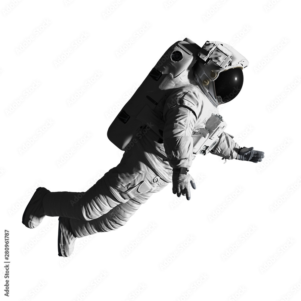 Wall mural astronaut performing a space walk, isolated on white background