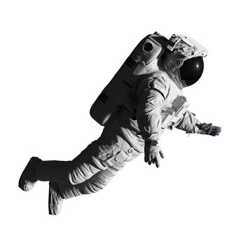 astronaut performing a space walk, isolated on white background