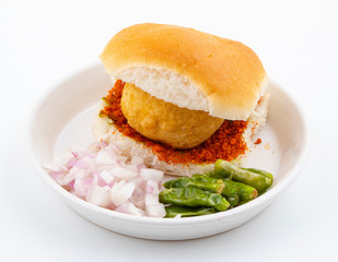 Indian Famous Street Food Vada Pav Also Know as Vada Paav, Wada Pav or Wada Pao is a Vegetarian Fast Food Dish From Maharashtra