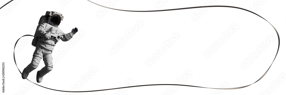 Wall mural astronaut with safety tether during space walk, isolated on white background