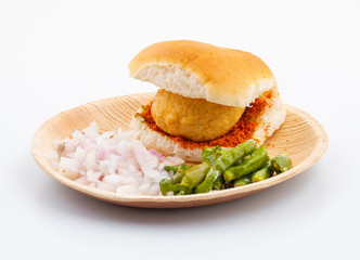Indian Famous Street Food Vada Pav Also Know as Vada Paav, Wada Pav or Wada Pao is a Vegetarian Fast Food Dish From Maharashtra
