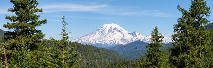 Beautiful Panoramic American Mountain Landscape view during a sunny summer day. Taken in Paradise, Mt Rainier National Park, Washington, United States of America.