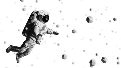 astronaut flying between geometric objects