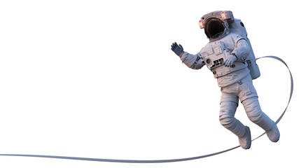 astronaut with safety tether waving, isolated on white background - obrazy, fototapety, plakaty
