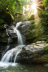Sunshine penetrating the forest to waterfall