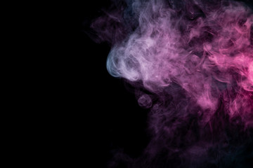 Colored background with winding clouds of smoke from patterns of different forms of pink, green and blue colors with tongues of flame on a black isolated background. Print for t-shirt.