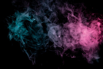 Colored background with winding clouds of smoke from patterns of different forms of pink, green and...