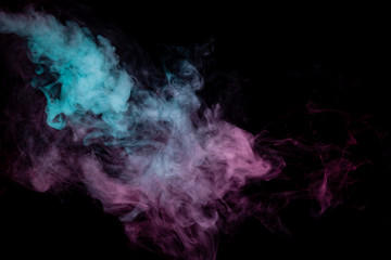 Colored background with winding clouds of smoke from patterns of different forms of pink, green and blue colors with tongues of flame on a black isolated background. Print for t-shirt.