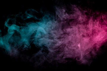 Colored background with winding clouds of smoke from patterns of different forms of pink, green and blue colors with tongues of flame on a black isolated background. Print for t-shirt.