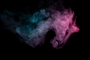 Colored background with winding clouds of smoke from patterns of different forms of pink, green and blue colors with tongues of flame on a black isolated background. Print for t-shirt.